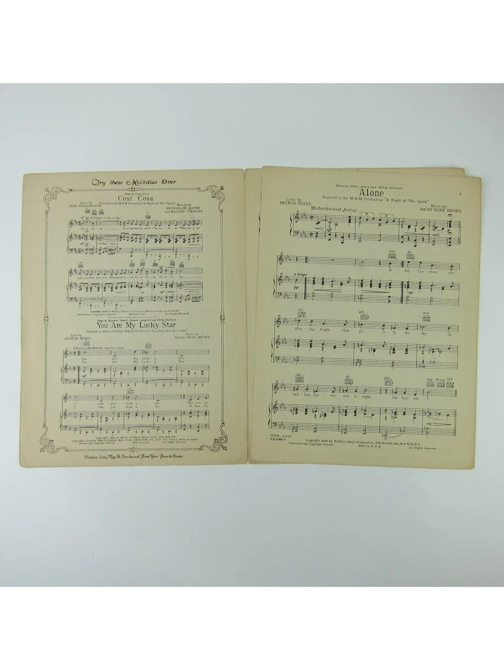 Sheet Music Alone A Night at the Opera Marx Brothers Groucho Harpo Vintage 1935